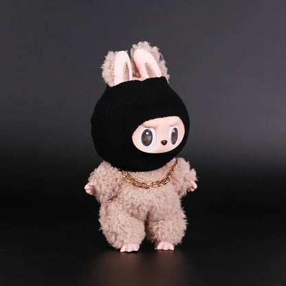 Labubu Doll Accessories – Trendy Black Knit Hat & Necklace Set, Cute and Funny Street Fashion Style