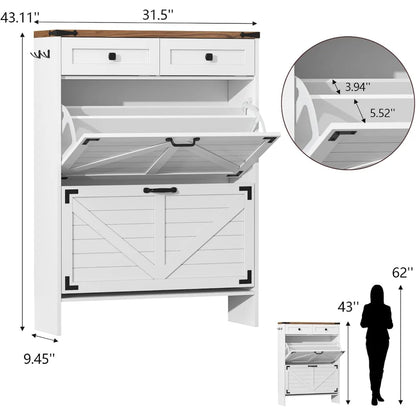 Farmhouse Shoe Storage Cabinet — Narrow Hidden Organizer with Deodorizing Function and 2 Flip Drawers
