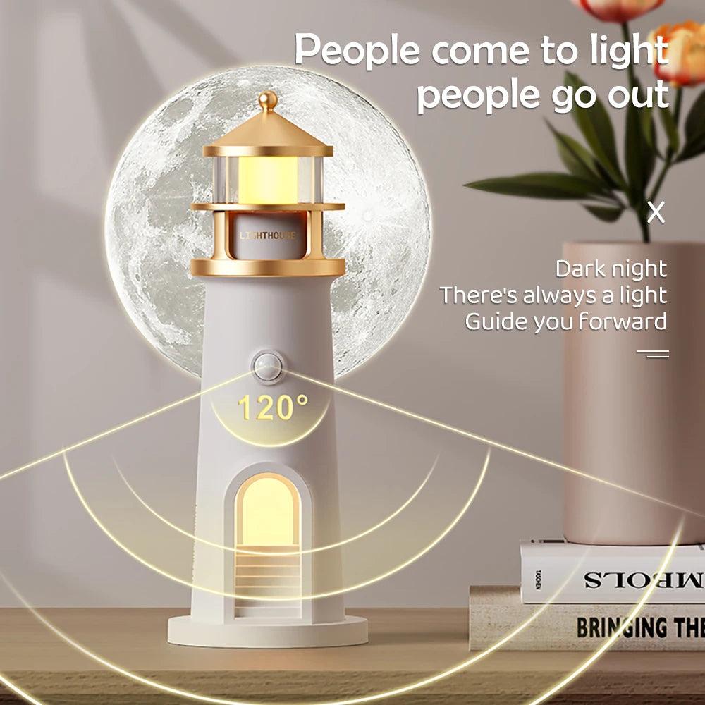 Moon Projection Lighthouse Night Light – Dimmable, Motion Sensor, Bluetooth Music, Timing Ambient Lamp for Christmas & Birthday Gift