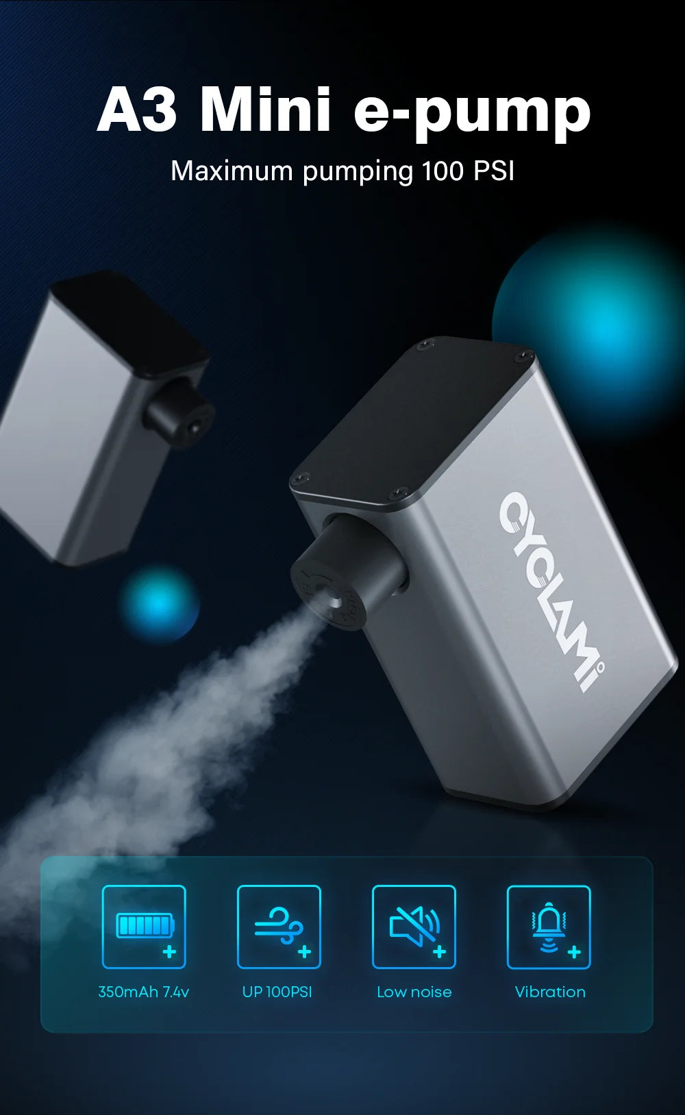 CYCLAMI A3 Ultralight Electric Bike Pump – 100 PSI Portable Tire Inflator for MTB, Road Bike & Motorcycle, Aluminum Alloy