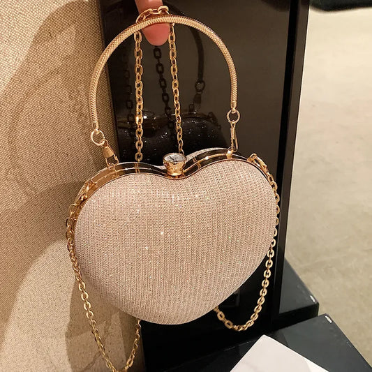 Shiny Heart Shape Metal Evening Clutch Bag - Fashion Chain Shoulder Crossbody Bag for Women, Luxury Lady Purse