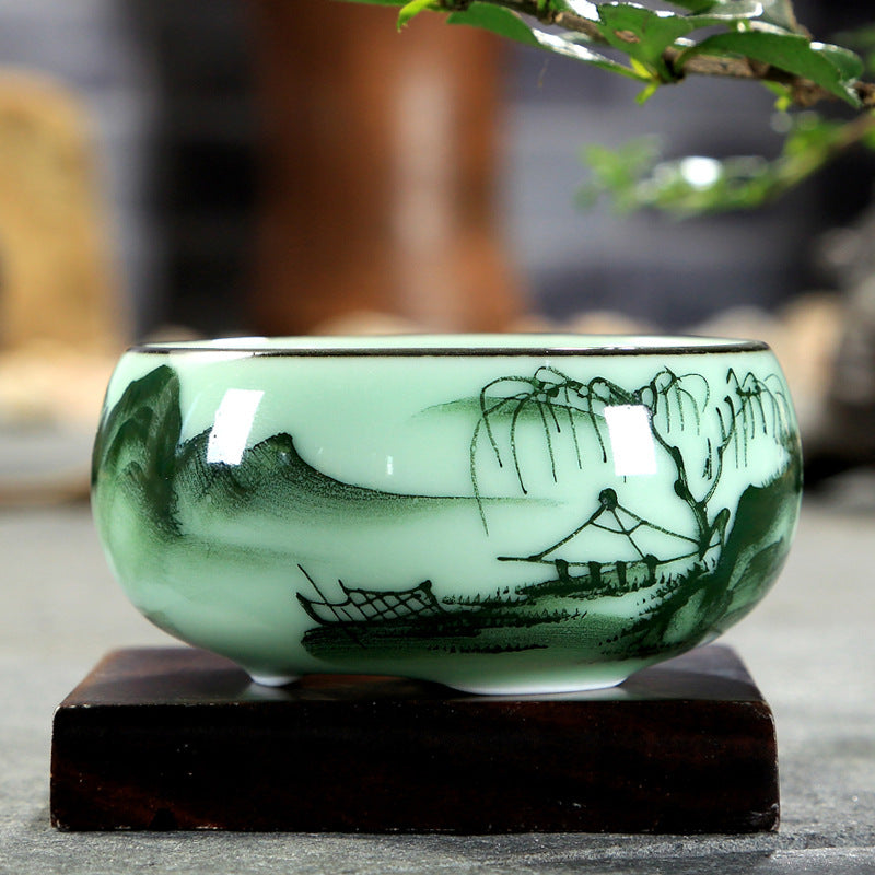 Traditional Celadon Hand-Painted Teacup — 80ml Ceramic Lotus & Bamboo Double-Fish Chinese Tea Cup