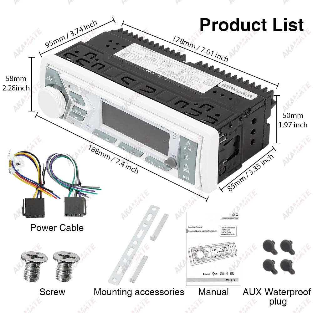 AKAMATE 1Din Boat Radio — Bluetooth Marine Media Stereo Player with AUX, USB, Remote Control, FM/AM for RV, ATV, UTV, SPA, RZR