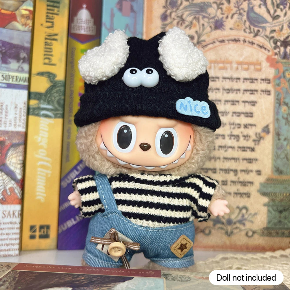 17cm Mini Doll Clothes Set – Kpop EXO Labubu Idol V1 V2 Striped Sweater Overalls, Glasses & Hat Accessories