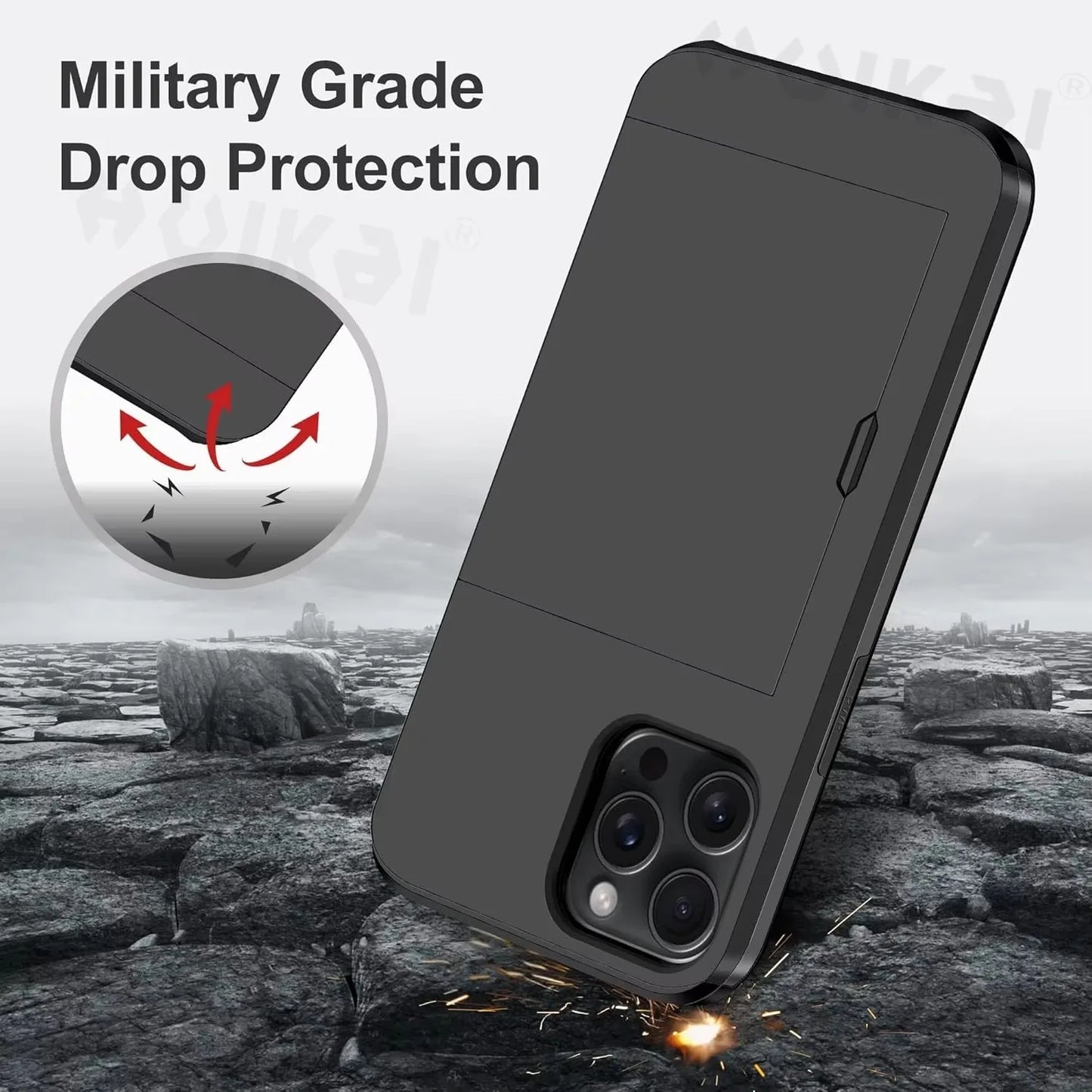 iPhone Case for 16 Pro Max, 15 Plus, 14 Pro Max, 13, 12, 11 – Slim Hard PC Wallet Card Holder with Slide Slot, Heavy Duty Protective Cover