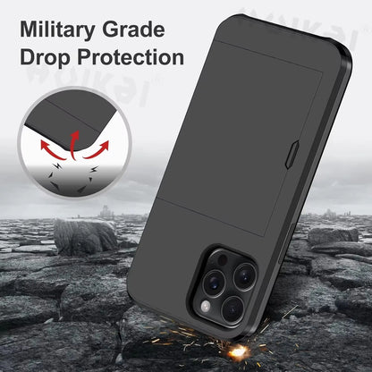 iPhone Case for 16 Pro Max, 15 Plus, 14 Pro Max, 13, 12, 11 – Slim Hard PC Wallet Card Holder with Slide Slot, Heavy Duty Protective Cover