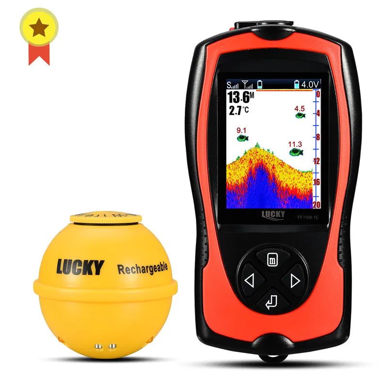 Lucky Sonar Fish Finder FF1108-1CWLA – Rechargeable Wireless Sensor, 45M Depth Echo Sounder for Portable Fishing