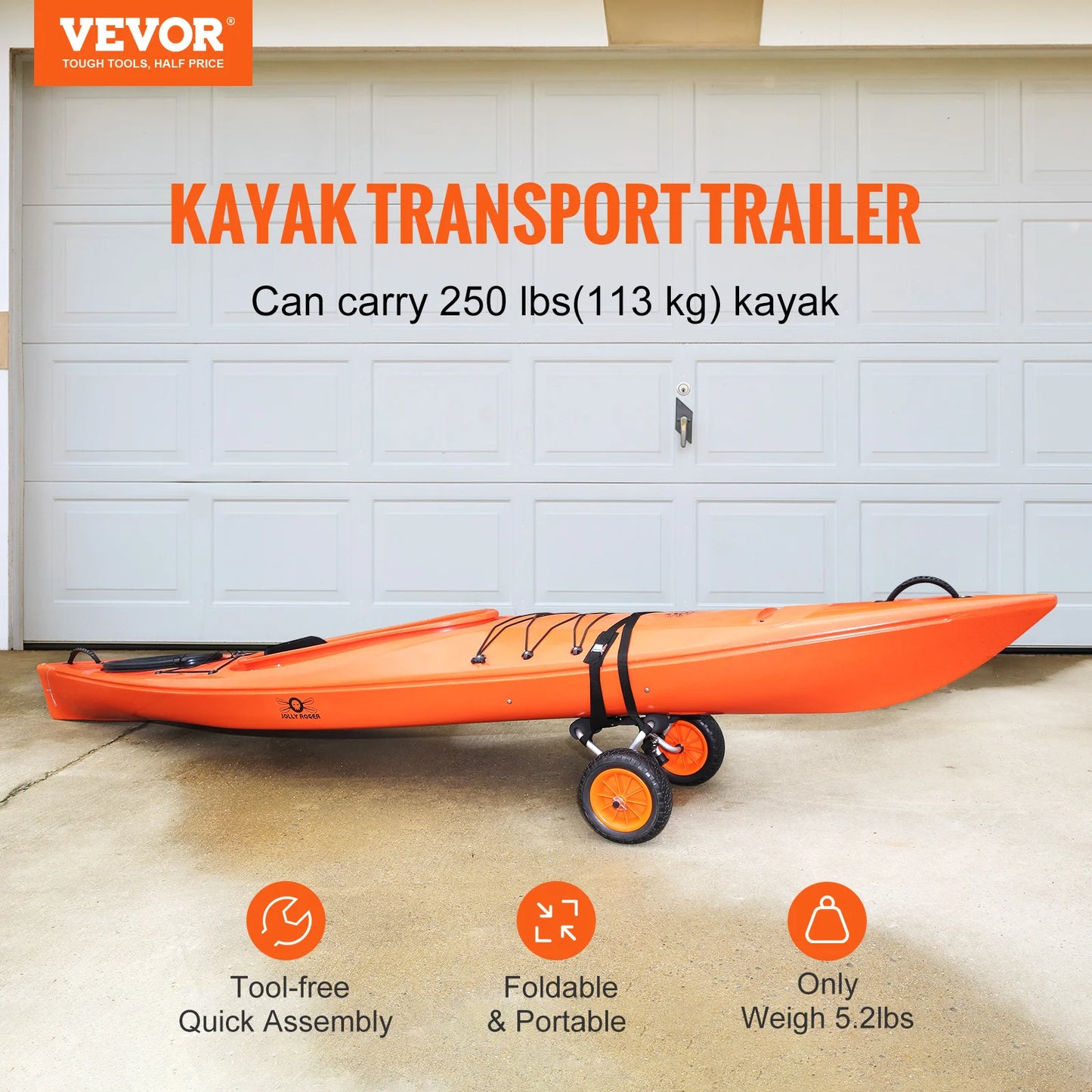 VEVOR Kayak Cart — 250lbs Foldable Canoe Trolley with 10" Tires & Support Foot for Paddleboards, Float Mats & Jon Boats