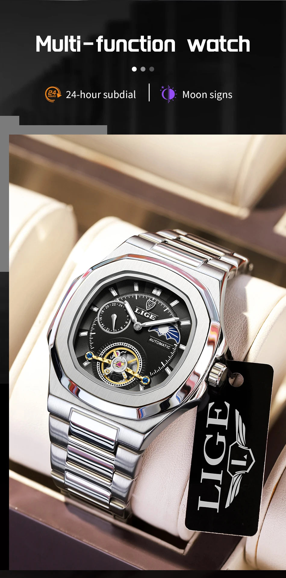 LIGE Dual Seconds Tourbillon Watch – Men's Stainless Steel Mechanical Timepiece, 24H, Night Glow, Waterproof