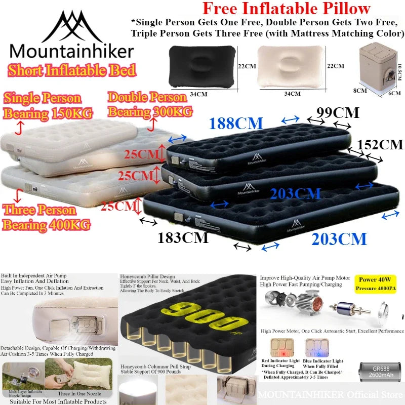 MOUNTAINHIKER 2025 Inflatable Air Mattress - PVC Glamping Camping / interior Bed Mat with Built-In Pump for 1-3 Person