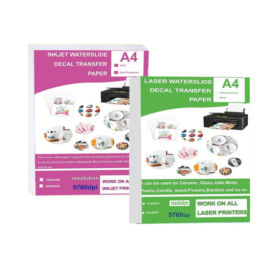 10 Sheets DIY A4 Inkjet Waterslide Decal Transfer Paper: White Clear Laser Waterslide Decal Paper for Inkjet & Laser Printers