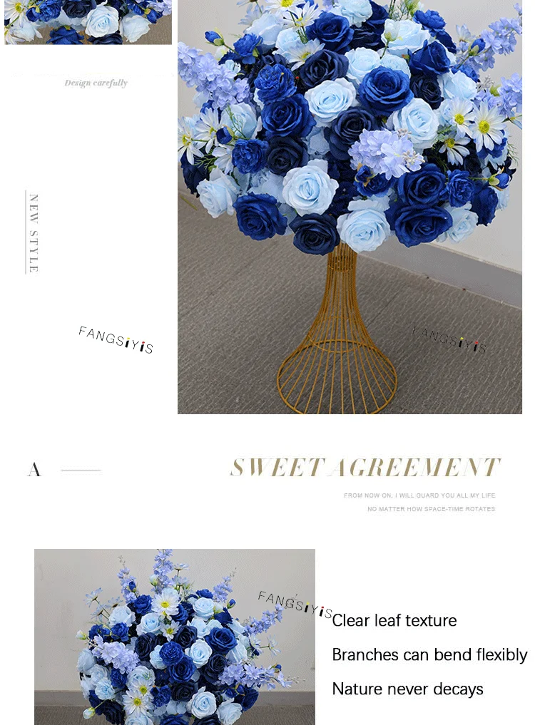 Large White/Blue Rose Flower Ball – 80-30cm Artificial Floral Bouquet for Wedding & Event Table Centerpiece Decoration