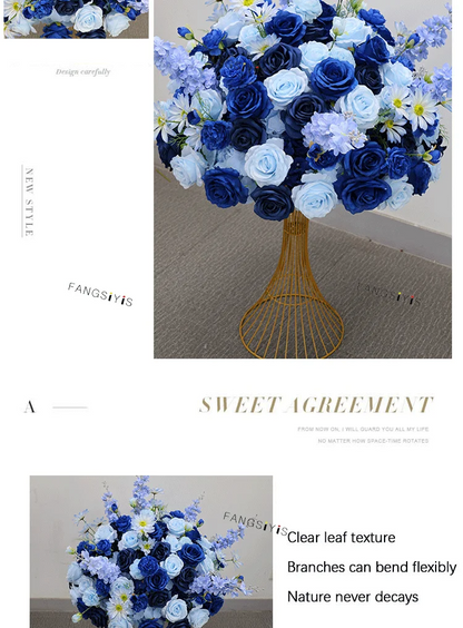 Large White/Blue Rose Flower Ball – 80-30cm Artificial Floral Bouquet for Wedding & Event Table Centerpiece Decoration