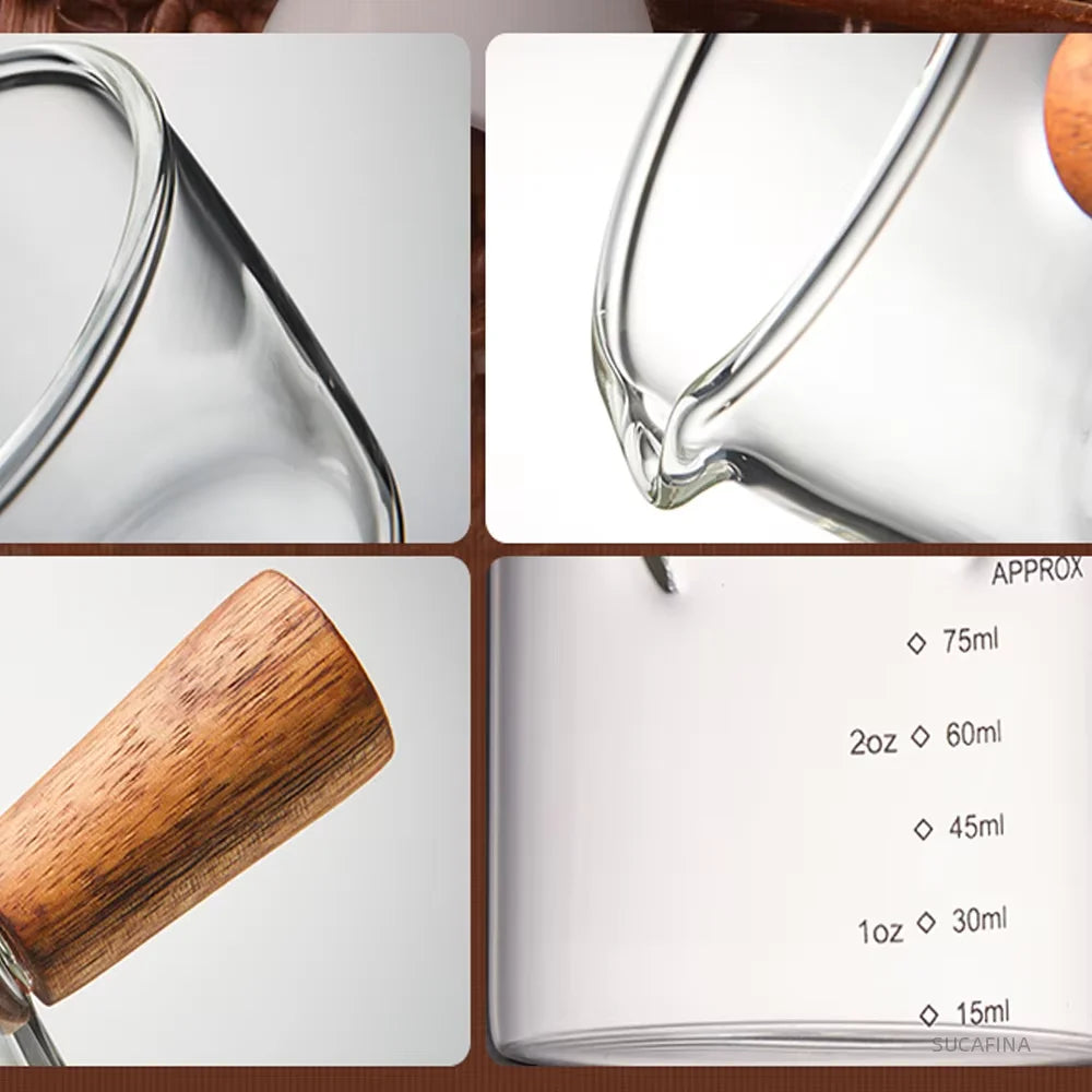 75ML Glass Coffee Measuring Cup with Wooden Handle — Espresso, Milk & Latte Transparent Cup with Scale, Kitchen Coffee Barista Tool