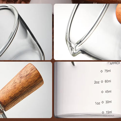 75ML Glass Coffee Measuring Cup with Wooden Handle — Espresso, Milk & Latte Transparent Cup with Scale, Kitchen Coffee Barista Tool