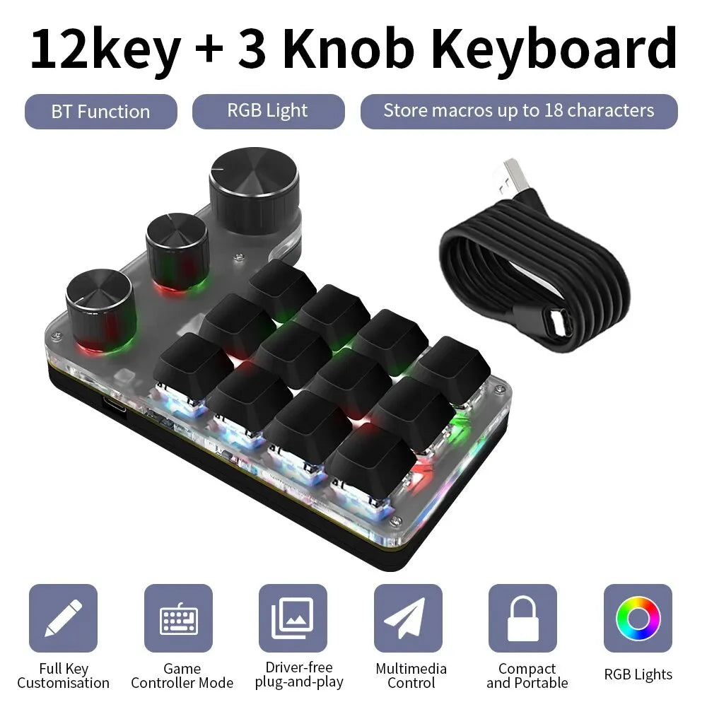Bluetooth 12-Key RGB Macro Keyboard — 3 Knob Mechanical Hotswap Keypad for Photoshop & Gaming