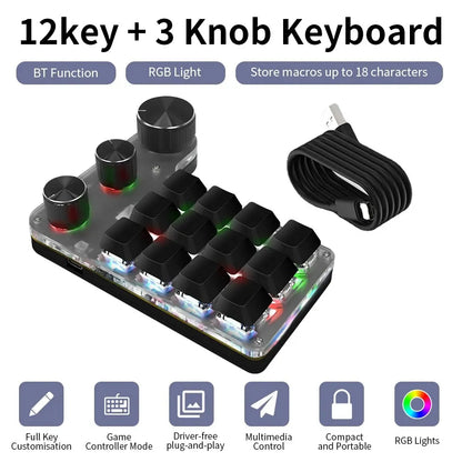 Bluetooth 12-Key RGB Macro Keyboard — 3 Knob Mechanical Hotswap Keypad for Photoshop & Gaming