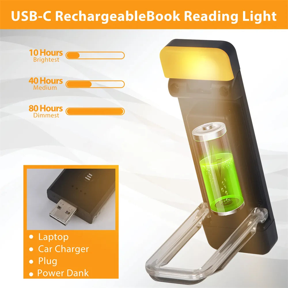 USB Rechargeable Clip-on Book Light with Timer - Portable Mini LED Reading Lamp for Bedside, Desk, Books - Bookmark Design