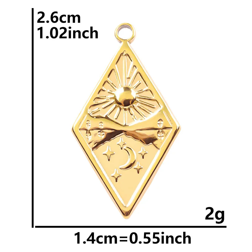 6pcs Real Gold-Plated Sun Charms - Stainless Steel Jewelry Making Pendants, Heart, Moon & Sunshine Design