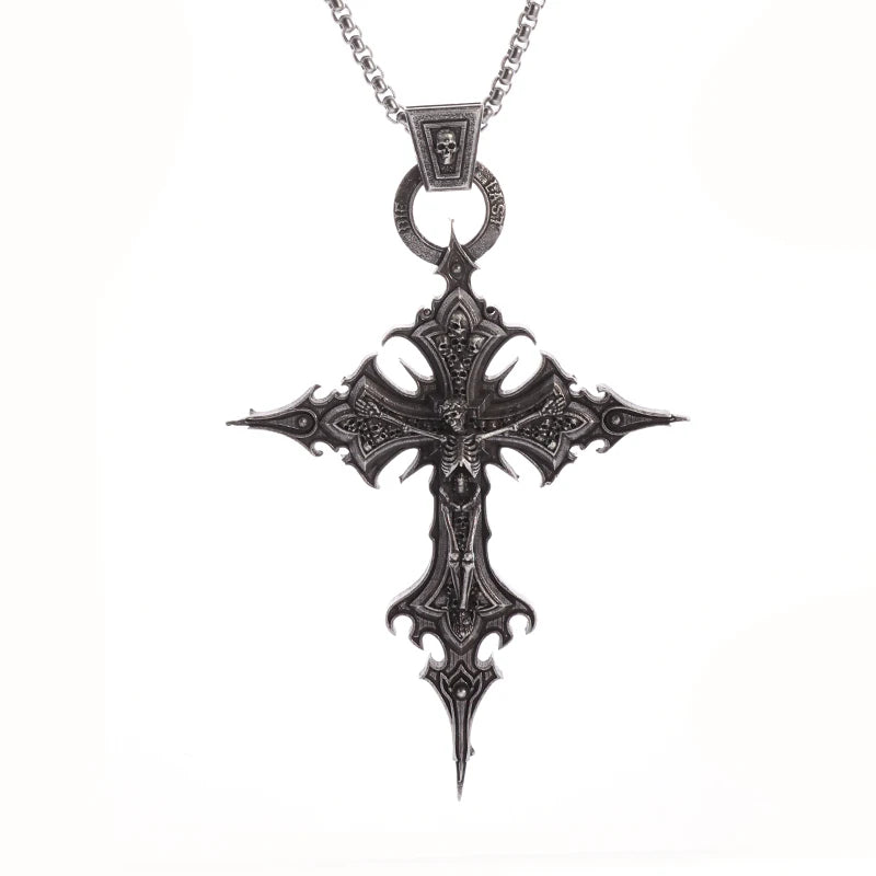 Gothic Crucifixion Skull Cross Pendant Necklace – Catholic Prayer Jewelry for Men & Women, Punk Trendy Accessory