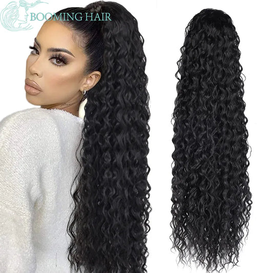 Long 32-Inch Curly Ponytail Extensions - Synthetic Drawstring Afro Water Wave Ponytail Wig for Women, Hairpiece Clip-in False Pony Tail