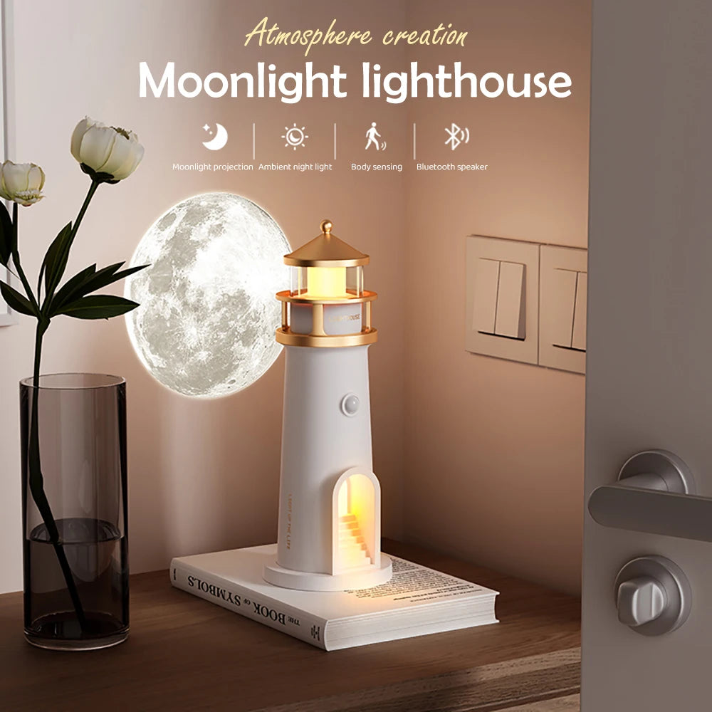 Moon Projection Lighthouse Night Light – Dimmable, Motion Sensor, Bluetooth Music, Timing Ambient Lamp for Christmas & Birthday Gift