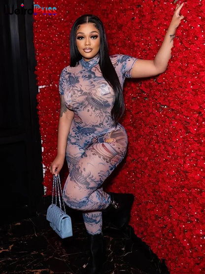 Weird Puss See-Through Jumpsuit for Women - Backless Dragon Print Short Sleeve Fitness & Workout Slim Stretch Clubwear