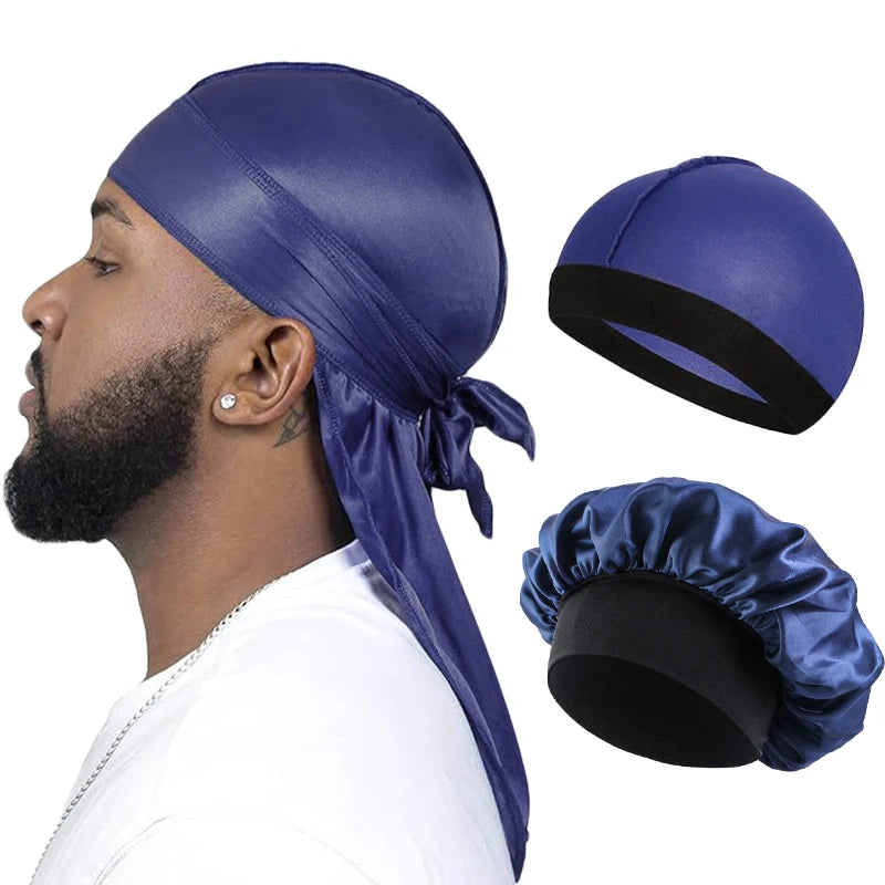 Men’s Silky Durag with Long Tail - Pirate Hat, Headband, Turban, Wave Cap, Unisex Satin Wig Cap with Elastic Band