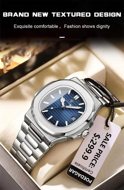 POEDAGAR Luxury Men's Watch – 30ATM Waterproof, Stainless Steel Square Quartz, Luminous Date, Business reloj hombre