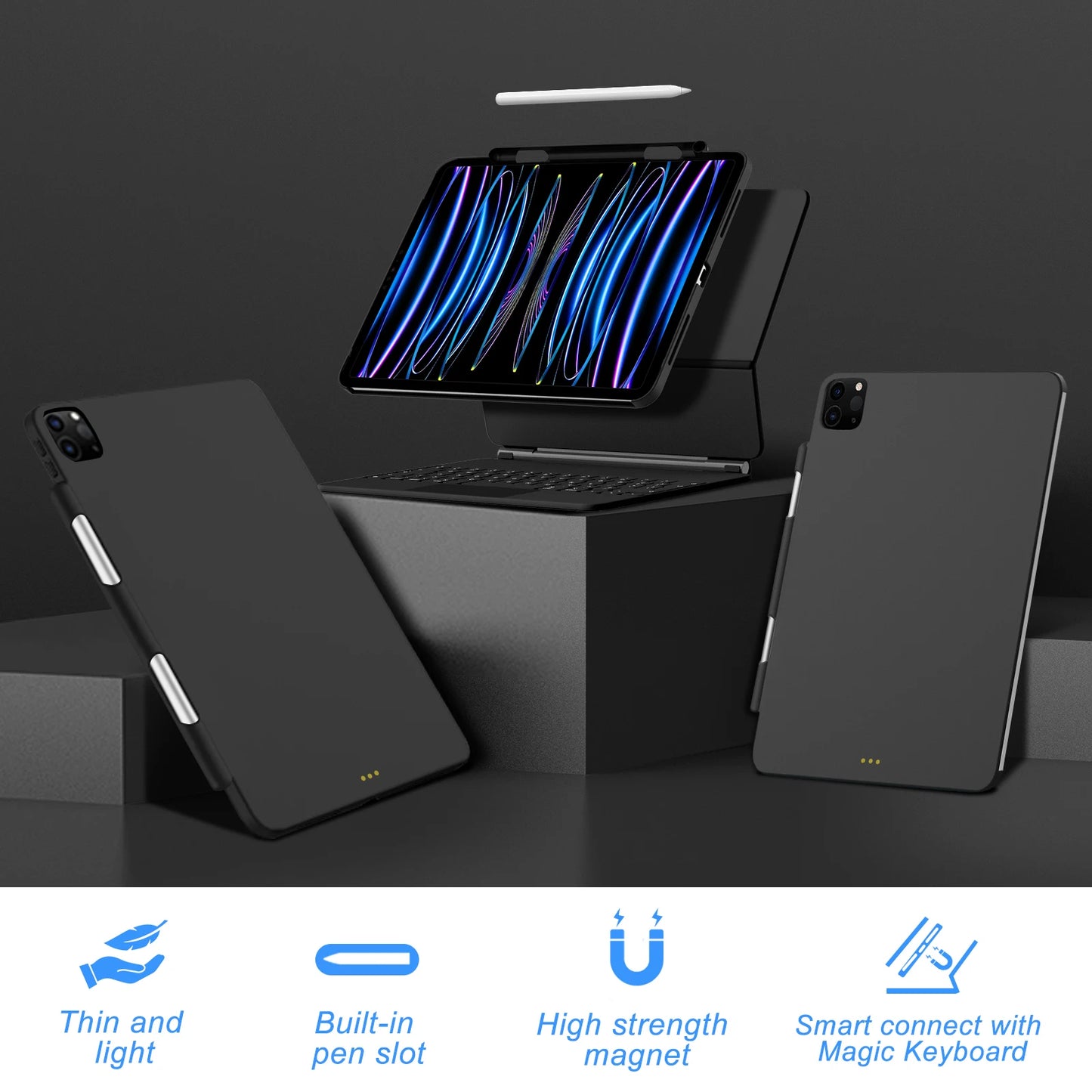Magnetic Case for iPad Pro 11/13 & iPad Air 6/4/5 (2024) – Compatible with M4 Magic Keyboard & Pencil Holder