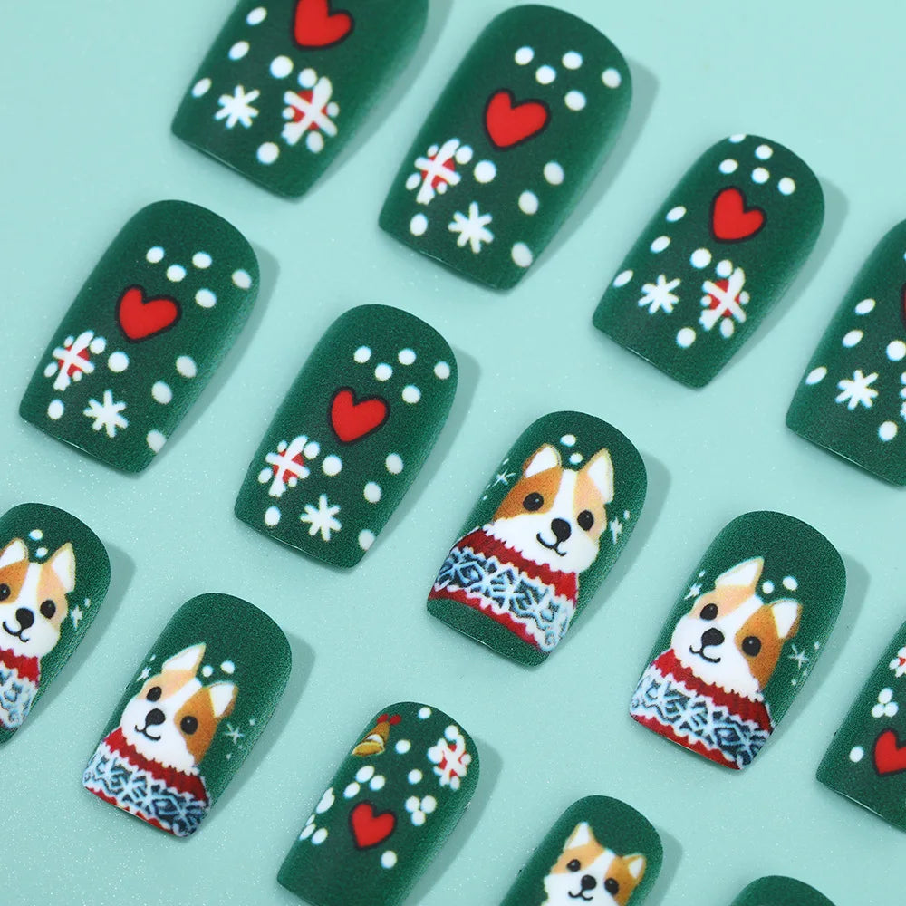 Medium Long Christmas Fake Nails – Square & Almond Tips with Tree, Snowflake & Snowman Designs