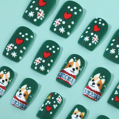 Medium Long Christmas Fake Nails – Square & Almond Tips with Tree, Snowflake & Snowman Designs