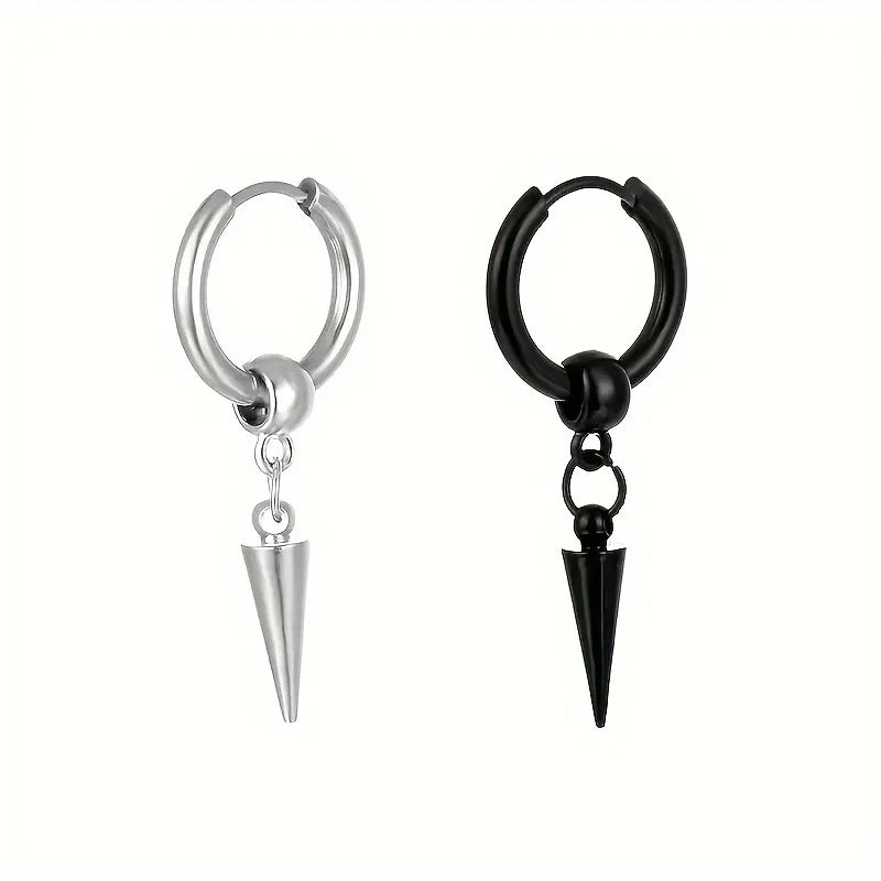 Fashion Stainless Steel Men's Cone Pendant Earrings | Retro Punk Hip-Hop Style Dangle Earrings for Men