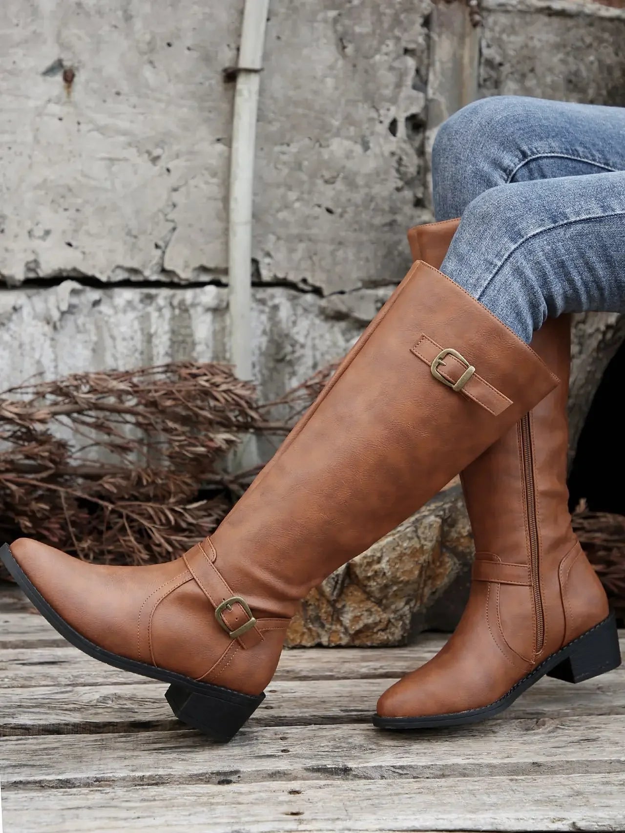 Women’s Winter High-Top Knight Boots – Side Zipper & Belt Buckle, Pointed Toe, PU Material with Cotton Lining