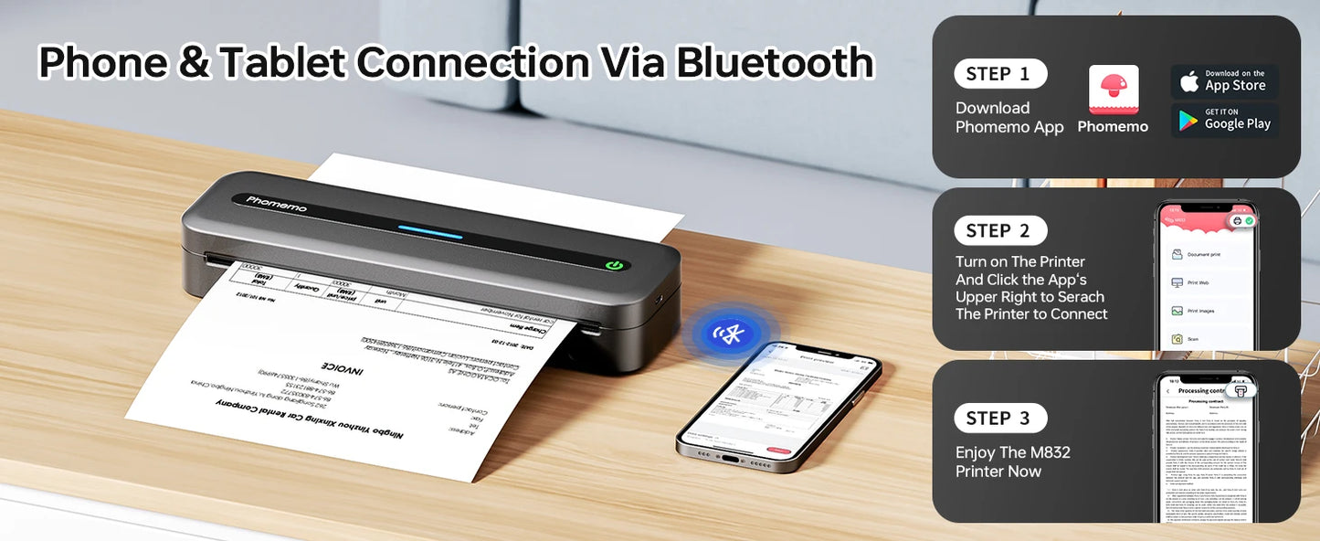 New A4 Portable Wireless Printer M832 – Inkless Thermal 300DPI Mobile Printer for Travel, Work & Home, Android & iOS Support