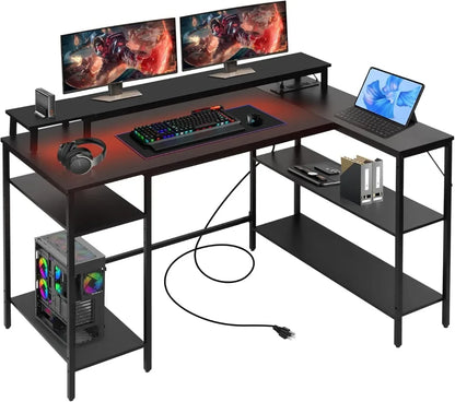 L-Shaped Gaming Desk with LED Lights – Reversible Computer Desk with Power Outlets, Stand & Shelves
