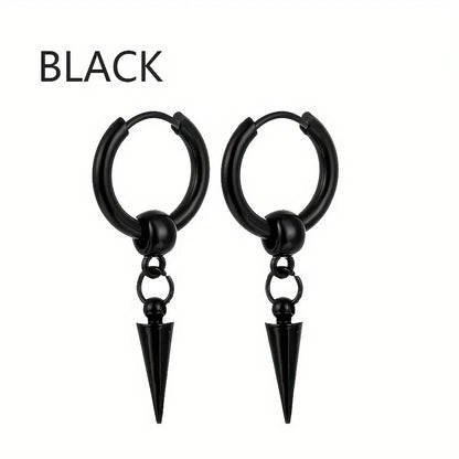 Fashion Stainless Steel Men's Cone Pendant Earrings | Retro Punk Hip-Hop Style Dangle Earrings for Men