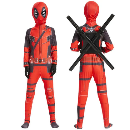 Adult & Kids Deadpool Cosplay Costume – Superhero Jumpsuit with Mask & Swords for Boys