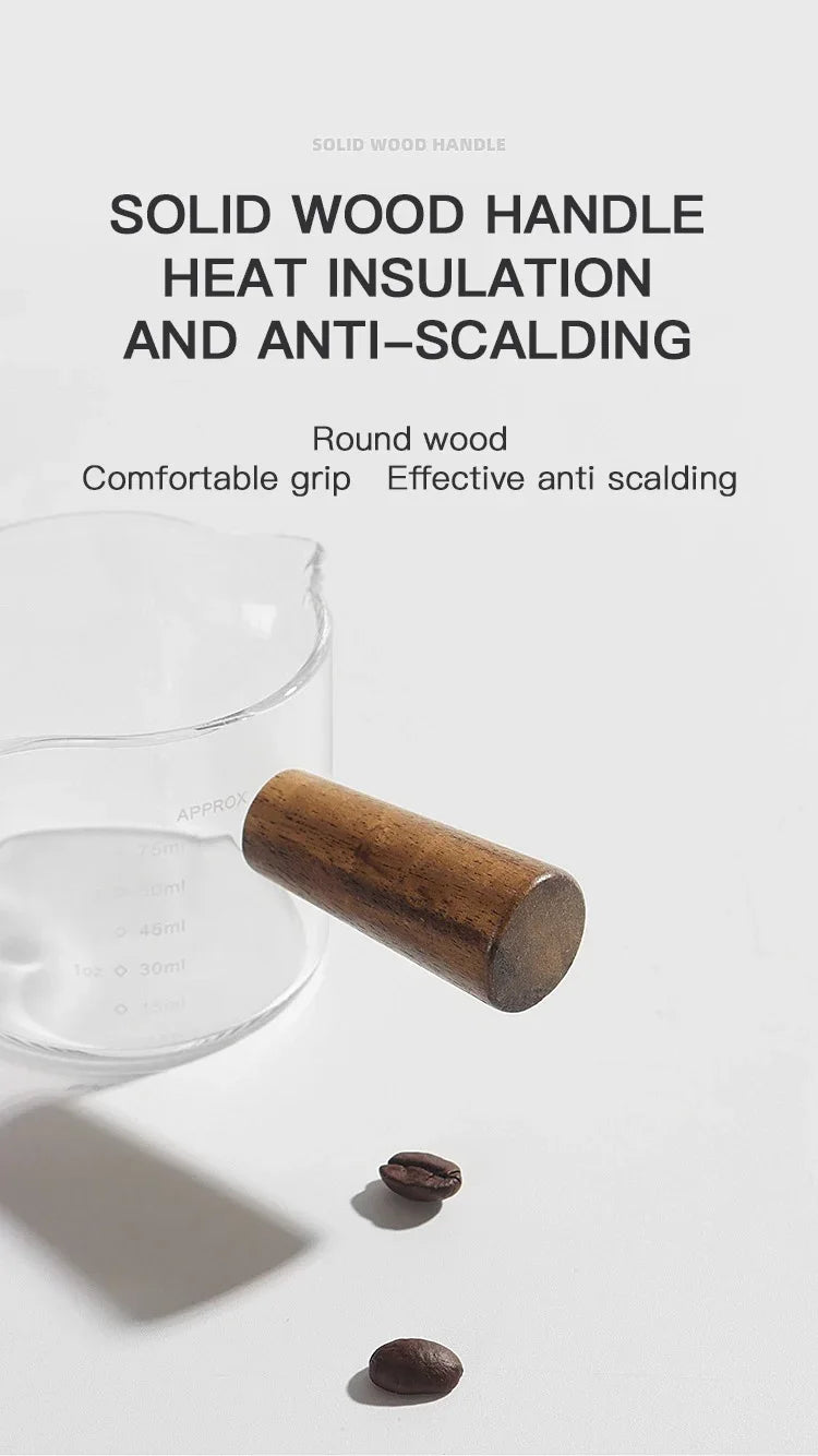 75ML Glass Coffee Measuring Cup with Wooden Handle — Espresso, Milk & Latte Transparent Cup with Scale, Kitchen Coffee Barista Tool