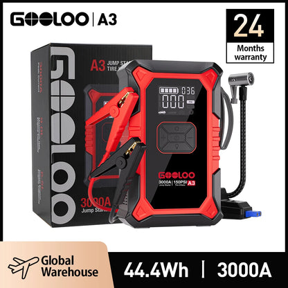 GOOLOO A3 3000A Jump Starter with Air Compressor – Portable Car Battery Booster for 9.0L Gas & 6.5L Diesel, 150PSI with Auto Shut-Off