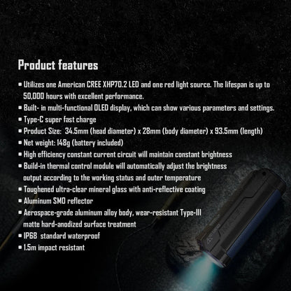 IMALENT BL70 EDC Flashlight – 6000 Lumens Cree XHP70 HI LED, Type-C Rechargeable Dual Light Source for Camping & Work