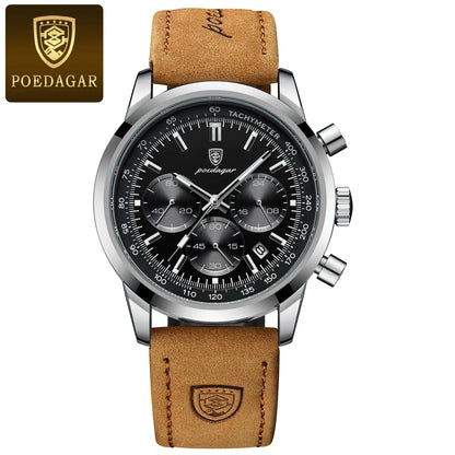 POEDAGAR Men's Luxury Sports Watch – Genuine Leather, Chronograph, Waterproof, Luminous Quartz Wristwatch
