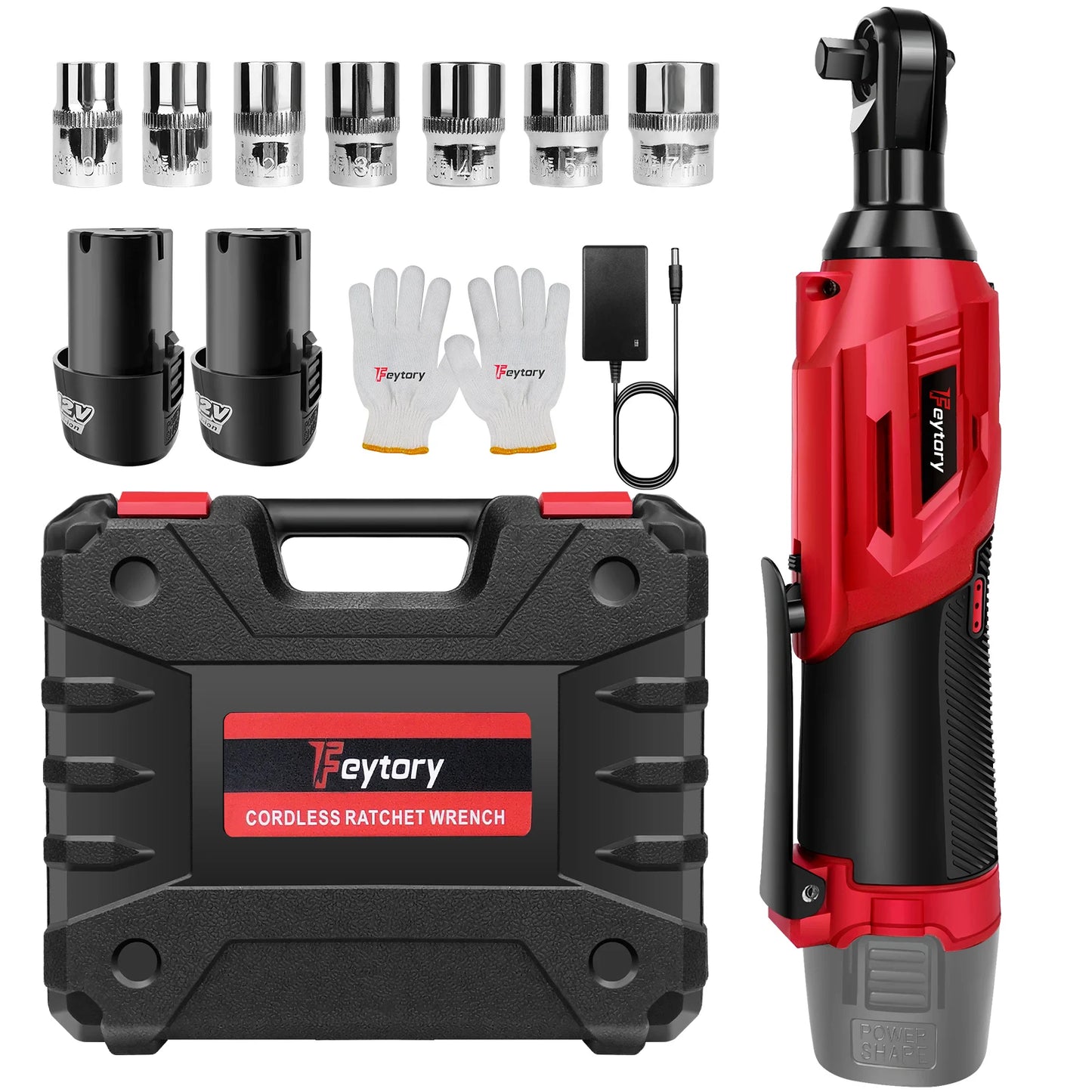 3/8 Inch Cordless Electric Wrench | 90° Right Angle Ratchet with 12V Rechargeable Batteries, 7 Sockets for Car Repair