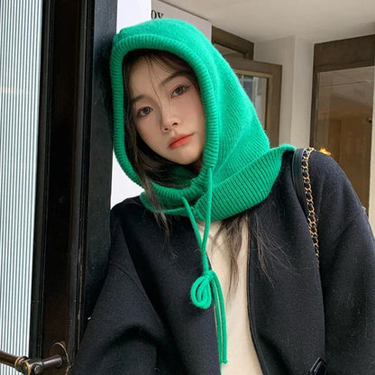 Winter Knitted Hooded Balaclava Hats for Women – Korean Style Outdoor Warmer Beanie with Drawstring Neck Collar