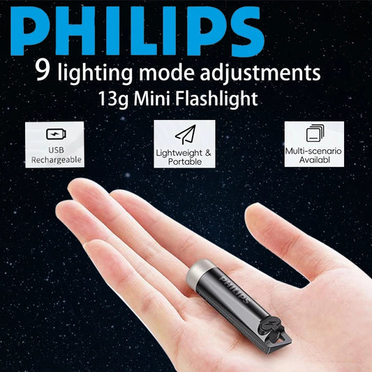 PHILIPS 2025 SFL1121 Mini EDC LED Flashlight – Rechargeable Keychain Torch for Camping, Hiking & Self-Defense