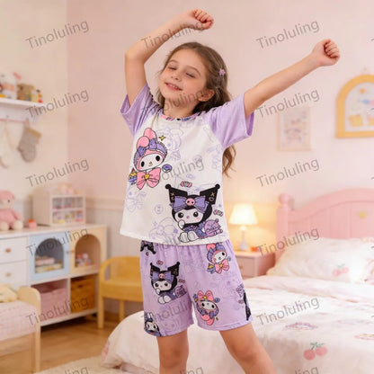 Girls’ Summer Pajama Set – Hello Kitty & Kuromi Tops with Shorts, Sleepwear for Ages 3-12