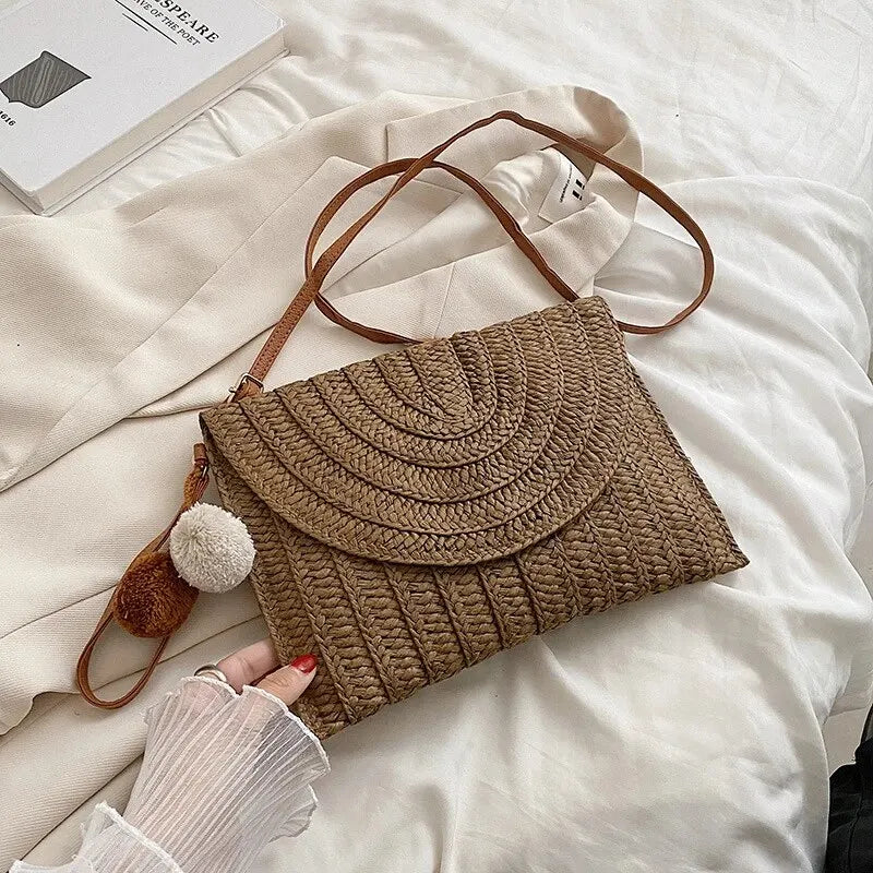 Handmade Straw Beach Bag – Small Woven Summer Shoulder Crossbody Clutch with Hair Ball