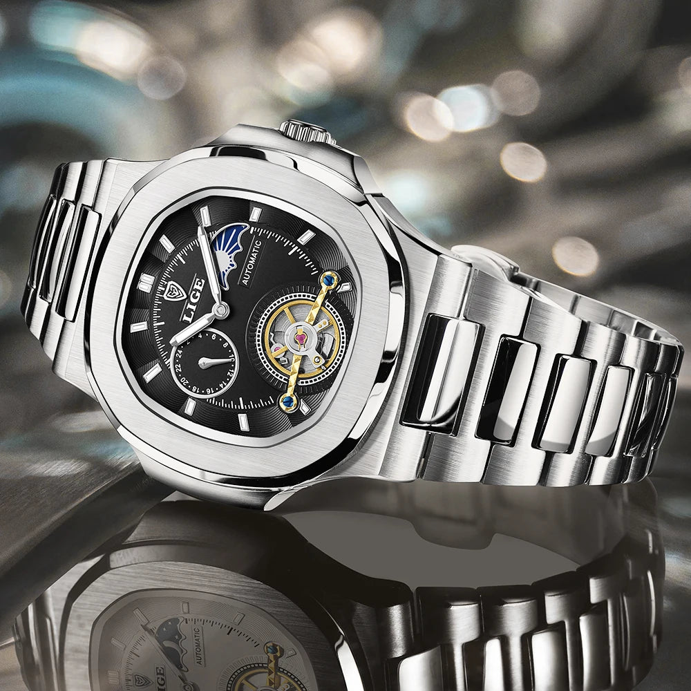 LIGE Dual Seconds Tourbillon Watch – Men's Stainless Steel Mechanical Timepiece, 24H, Night Glow, Waterproof