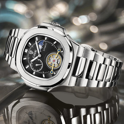 LIGE Dual Seconds Tourbillon Watch – Men's Stainless Steel Mechanical Timepiece, 24H, Night Glow, Waterproof