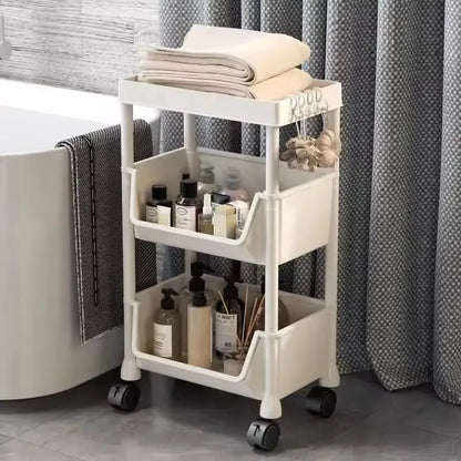 Movable Trolley Bookshelf – Portable Kitchen, Bathroom, and Living Room Storage Cabinet with Corner Narrow Shelf